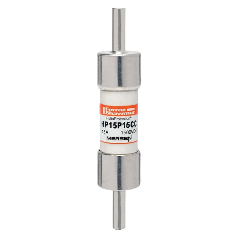 Mersen HP15P15CC - The Mersen HP15P15CC is a 1500VDC photovoltaic (PV) fuse designed for higher amperage demands in PV circuits. This 20x65mm fuse series from Mersen is engineered to withstand harsh cyclical loads and thermal conditions typical of high-amperage PV applications. It features a low minimum breaking capacity of 1.35 times the fuse rated current, ensuring safe interruption during low fault current conditions. The HP15P15CC includes Crimp Cap terminals for solderless, in-line fuse connections, ideal for overmold encapsulation. Protect your grid-tied or off-grid PV systems from unexpected line faults with Mersen's HelioProtection® fuse line. SKU: HP15P15CC. Country of Origin: US.