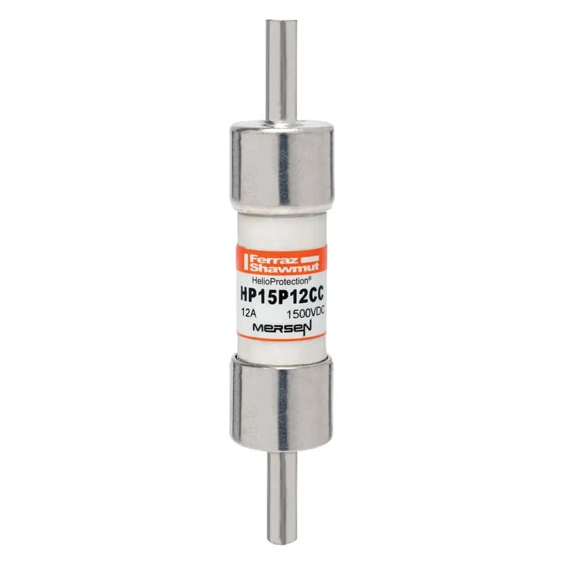 The Mersen HP15P12CC is a 1500VDC photovoltaic (PV) fuse from the HelioProtection® series, engineered for high amperage demands in modern PV circuits. This 20x65mm fuse features Crimp Cap terminals (CC option) for solderless, overmold-encapsulated wire-to-fuse connections, ideal for in-line applications. Designed to meet the harsh cyclical loads and thermal conditions of high-amperage PV systems, it offers a low minimum breaking capacity of 1.35 times the rated current, ensuring safe interruption under typical low fault conditions. With a 50kA SCCR, this fuse provides reliable protection for off-grid or grid-tied PV systems against unexpected line faults. The robust construction ensures enhanced system longevity and guaranteed operation at temperature extremes. Compatible with 10-12 AWG wire, the HP15P12CC is a critical component for PV string/array level protection and combiner box applications. Manufactured in the USA, it meets UL Listed to Standard UL2579 and IEC 60269-6 standards, offering globally accepted performance. Protect your solar investment with Mersen's specialized PV fuse technology.
