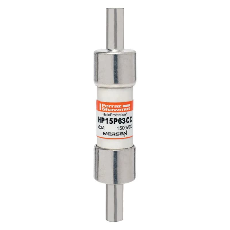 Mersen HP15P63CC - Mersen HP15P63CC is a 1500VDC photovoltaic (PV) fuse designed for high-amperage PV circuits. Rated at 63A with a 20x65mm form factor, it handles harsh thermal and cyclical loads in utility-scale PV systems. Features low minimum breaking capacity (1.35xIn) for safe interruption under low fault conditions. Available with Crimp Cap (CC) terminals for solderless wire-to-fuse connections, ideal for inline fuse applications and overmold encapsulation. Part of Mersen’s HelioProtection® line, ensuring reliable protection for off-grid or grid-tied PV systems.