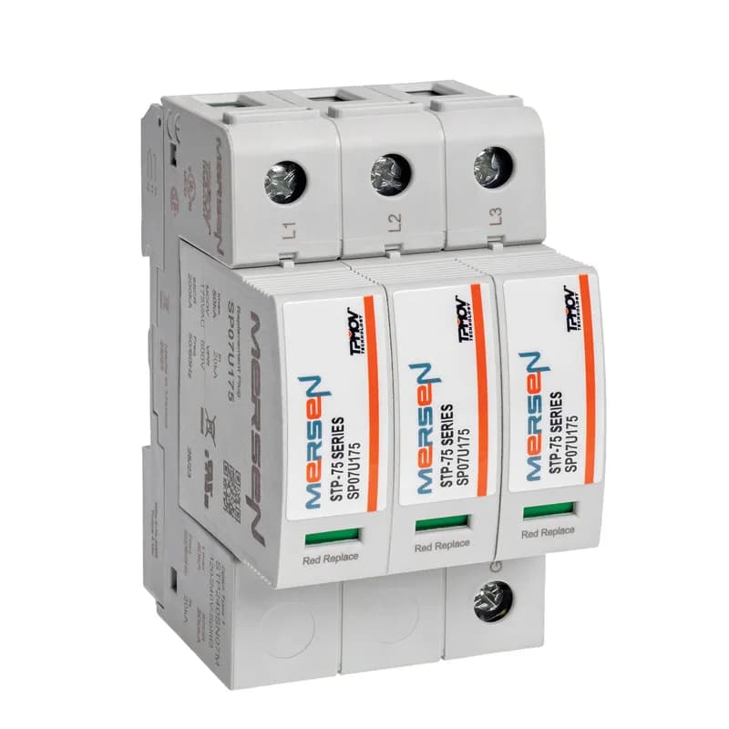 Mersen STP240SN07 - The Mersen STP240SN07 Surge-Trap Pluggable SPD is a no-fuse, failsafe surge suppressor designed for industrial control panels. It features Mersen’s proprietary TPMOV® technology, eliminating the need for additional overcurrent protection. This DIN-rail mountable device includes a fail-safe self-protected design, a visual indicator, and a small footprint. A remote indicator outputs status to critical control circuitry. With a high short circuit current rating, it is suitable for most industrial applications. The STP240SN07 operates at 24V DC and is built for reliable performance in demanding environments.