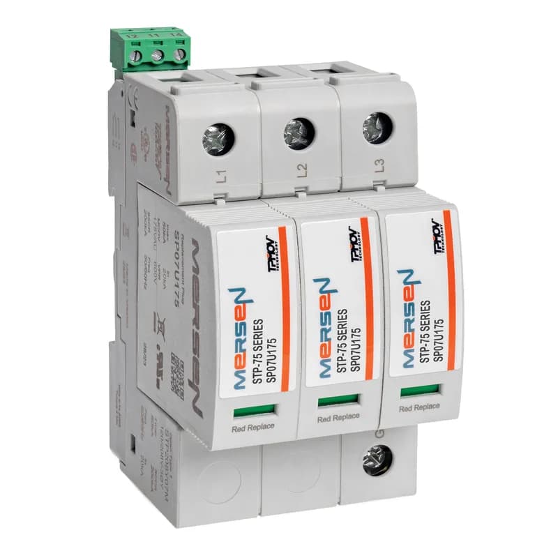 Mersen STP208Y07M - The Mersen STP208Y07M Surge-Trap Pluggable STP Series Surge Protective Device (SPD) is a no-fuse, failsafe surge suppressor featuring Mersen’s proprietary TPMOV® technology. This DIN-rail mountable SPD eliminates the need for additional overcurrent protection, reducing panel space and wiring complexity. It includes a visual indicator and a remote indicator for status monitoring of critical control circuitry. With a high short circuit current rating, the STP208Y07M is designed for industrial control panels requiring reliable surge protection without fuse dependency. The compact footprint and self-protected design make it a practical choice for modern industrial environments.