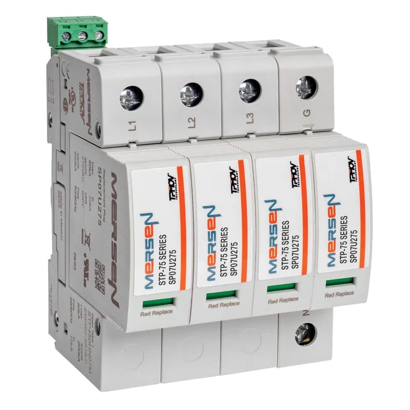 The Mersen Surge-Trap Pluggable STP Series STP480HN07M is a surge protective device (SPD) designed for industrial control panels. It features a no-fuse, failsafe design incorporating Mersen's TPMOV® technology, eliminating the need for additional overcurrent protection. This DIN-rail mountable unit offers a compact footprint and includes a visual indicator for status monitoring. A remote indicator is also available to signal critical control circuitry. Its high short circuit current rating makes it suitable for a wide range of industrial applications. SKU: STP480HN07M.