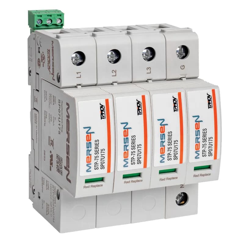 The Mersen Surge-Trap Pluggable STP Series STP240HN07M is a surge protective device (SPD) designed for industrial control panels. This unit features Mersen’s TPMOV® technology, providing a failsafe, no-fuse design that eliminates the need for additional overcurrent protection. It is DIN-rail mountable and includes a visual indicator for status monitoring. A remote indicator option is available for critical control circuitry. The STP240HN07M boasts a high short circuit current rating, making it suitable for a wide range of industrial applications.