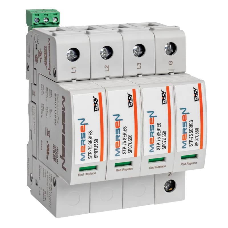 Mersen STP690YN07M - The Mersen STP690YN07M Surge-Trap Pluggable STP Series Surge Protective Device (SPD) is a no-fuse, failsafe surge suppressor designed for industrial control panels. Built with Mersen’s proprietary TPMOV® technology, it eliminates the need for additional overcurrent protection, simplifying installation and reducing system complexity. This DIN-rail mountable SPD features a compact footprint, a visual indicator for immediate status feedback, and a remote indicator to relay critical control circuitry status. With a high short circuit current rating, it meets the demands of most industrial environments. The failsafe self-protected design ensures reliable operation even under transient surge conditions, making it ideal for protecting sensitive control systems, automation equipment, and machinery from voltage spikes. No external fuses or additional components are required, streamlining panel design and reducing maintenance overhead.