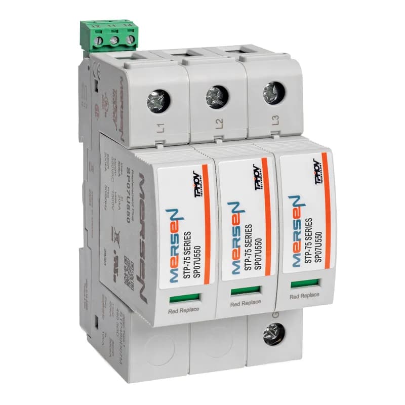 The Mersen STP480D07M Surge-Trap Pluggable SPD (SKU: STP480D07M) is a no-fuse, failsafe surge suppressor designed for industrial control panels. Built with Mersen’s TPMOV® technology, it eliminates the need for additional overcurrent protection while providing robust surge suppression. This DIN-rail mountable device features a compact footprint, a visual indicator for status monitoring, and a remote indicator to relay critical control circuitry status. With a high short circuit current rating, it is suitable for most industrial applications requiring reliable surge protection. The failsafe self-protected design ensures operational safety and longevity, making it an ideal choice for protecting sensitive industrial equipment from transient voltage spikes. Compatible with standard DIN-rail systems, the STP480D07M operates at 480V AC and is engineered for seamless integration into existing control panels without complex wiring or additional components.