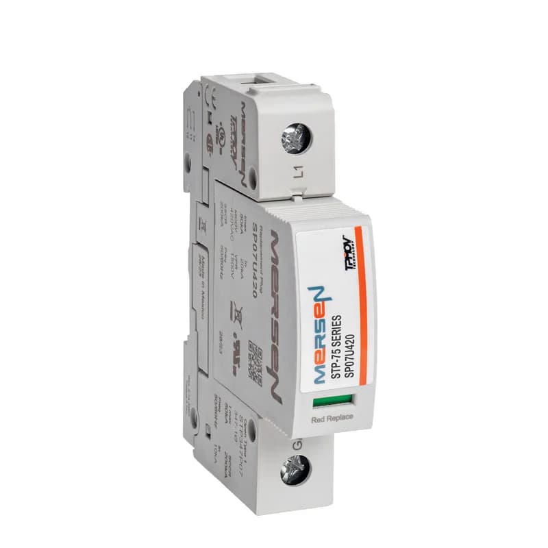 Mersen STP347P07 - The Mersen Surge-Trap Pluggable STP Series Surge Protective Device (SPD), SKU STP347P07, is a failsafe surge suppressor designed for industrial control panels. It features Mersen’s TPMOV® technology, eliminating the need for additional overcurrent protection. This DIN-rail mountable SPD offers a fail-safe, self-protected design with a visual indicator and a compact footprint. A remote indicator is available to signal status to critical control circuitry. Its high short circuit current rating makes it suitable for a wide range of industrial applications.