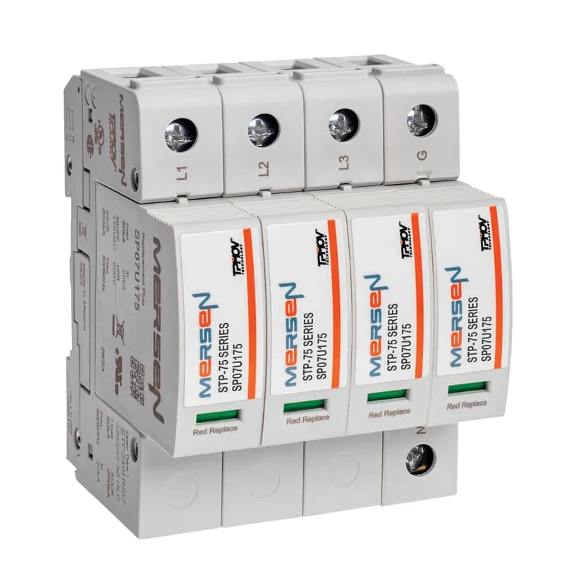 The Mersen STP240HN07 is a Surge-Trap Pluggable STP Series Surge Protective Device (SPD) featuring Mersen’s TPMOV® technology. This no-fuse, failsafe surge suppressor eliminates the need for additional overcurrent protection, simplifying panel design. Designed for DIN-rail mounting, it includes a visual indicator and a remote indicator for status monitoring. The compact footprint and high short circuit current rating make it ideal for industrial control panels. Built with failsafe self-protected design, it ensures reliable operation in demanding environments.