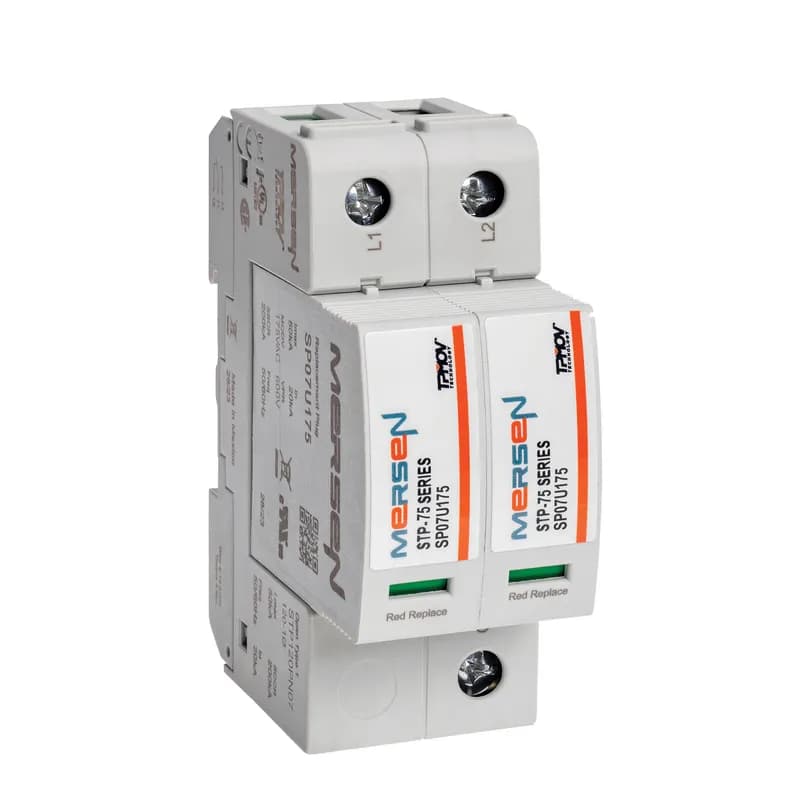 Mersen STP120PN07 - The Mersen Surge-Trap Pluggable STP Series STP120PN07 is a failsafe surge protective device (SPD) designed for industrial control panels. It features Mersen's TPMOV® technology, eliminating the need for additional overcurrent protection. This DIN-rail mountable SPD offers a fail-safe, self-protected design with a visual indicator and a compact footprint. A remote indicator is available to signal status to critical control circuitry. Its high short circuit current rating makes it suitable for a wide range of industrial applications. SKU: STP120PN07.