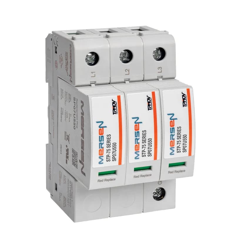 Mersen STP690Y07 - The Mersen STP690Y07 is a pluggable Surge-Trap SPD (SKU: STP690Y07) featuring Mersen’s TPMOV® technology. This no-fuse, failsafe surge suppressor eliminates the need for additional overcurrent protection, simplifying panel design. It mounts directly to a DIN rail, includes a visual indicator, and offers a compact footprint. A remote indicator provides status feedback to critical control circuits. With a high short-circuit current rating, it is suitable for most industrial control panels. Designed for reliability in harsh environments.