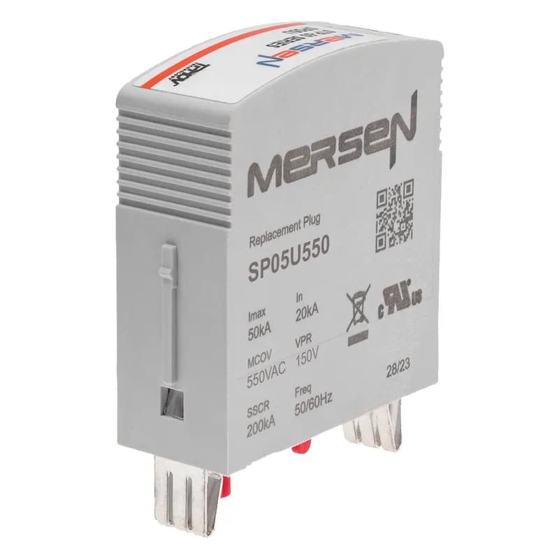 The Mersen SP05U550 Surge-Trap Pluggable STP Series Surge Protective Device (SPD) is a no-fuse, failsafe surge suppressor featuring Mersen’s proprietary TPMOV® technology. This DIN-rail mountable device eliminates the need for additional overcurrent protection, reducing system complexity and cost. It includes a visual indicator for status monitoring and a remote indicator to relay critical control signals. With a high short-circuit current rating, the SP05U550 is designed for industrial control panels requiring reliable surge protection. The compact footprint and failsafe design ensure long-term reliability in demanding environments.