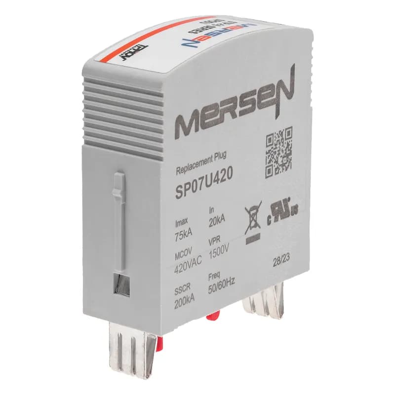 Mersen SP07U420 - The Mersen SP07U420 Surge-Trap Pluggable STP Series Surge Protective Device (SPD) is a no-fuse, failsafe surge suppressor featuring Mersen’s TPMOV® technology. This DIN-rail mountable SPD eliminates the need for additional overcurrent protection while providing a compact footprint. It includes a visual indicator and a remote indicator for status monitoring in critical control circuits. With a high short circuit current rating, the SP07U420 is designed for industrial control panels, ensuring reliable surge protection without compromising panel space. Manufactured by Mersen, this SPD is ideal for environments requiring robust and self-protected surge suppression.