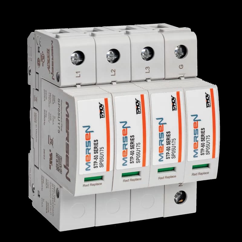 Mersen STP240HN05 - The Mersen STP240HN05 is a pluggable Surge-Trap SPD (SKU: STP240HN05) featuring TPMOV® technology for no-fuse, failsafe surge suppression. Designed for industrial control panels, it mounts directly to a DIN rail with a compact footprint. The device includes a visual indicator and remote indicator output for status monitoring. Built with a high short-circuit current rating, it eliminates the need for additional overcurrent protection. Ideal for protecting sensitive control circuitry in 24V DC systems.