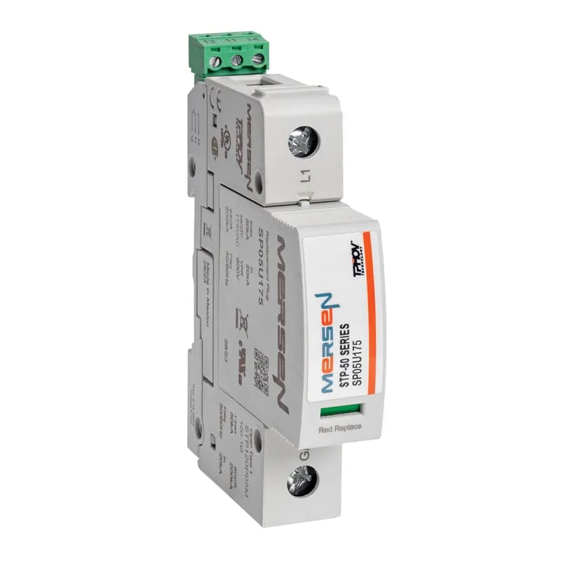 The Mersen STP120P05M is a DIN-rail mountable Surge-Trap Pluggable (STP) Series Surge Protective Device (SPD) featuring Mersen’s TPMOV® technology. This no-fuse, failsafe surge suppressor eliminates the need for additional overcurrent protection, simplifying panel design. Designed for industrial control panels, it includes a visual indicator and remote indicator for status monitoring. The high short circuit current rating ensures compatibility with most industrial applications. Compact footprint and self-protected design reduce installation complexity and maintenance.