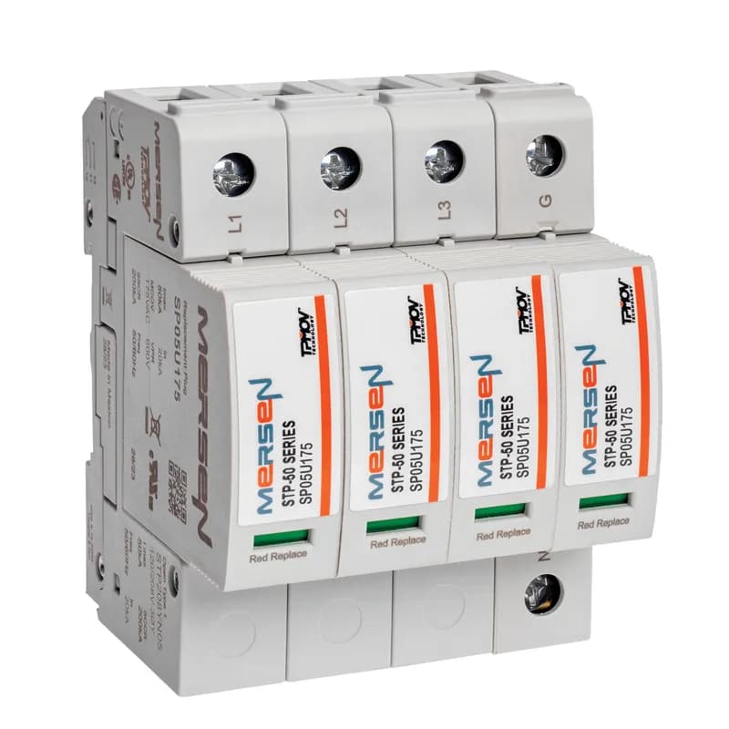 The Mersen STP208YN05 Surge-Trap Pluggable SPD is a no-fuse, failsafe surge suppressor featuring Mersen’s TPMOV® technology. Designed for industrial control panels, it eliminates the need for additional overcurrent protection with a high short-circuit current rating. This DIN-rail mountable device includes a visual indicator and remote indicator for status monitoring, all in a compact footprint. Ideal for protecting critical control circuitry from transient voltage spikes.