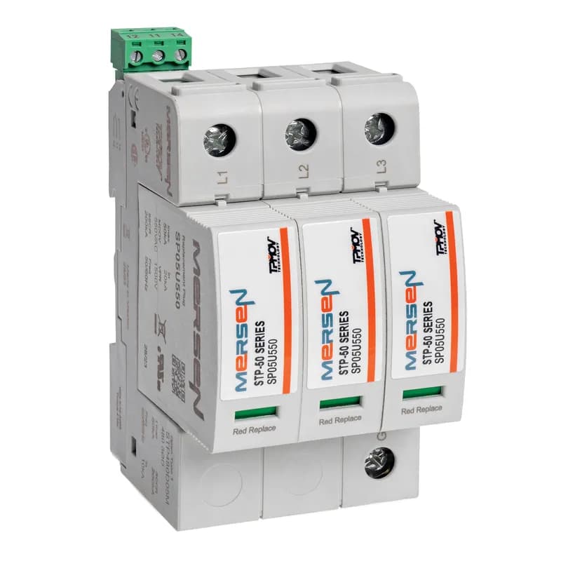 The Mersen Surge-Trap Pluggable STP Series Surge Protective Device (SPD), SKU STP480D05M, offers robust protection for industrial control panels. This no-fuse, failsafe surge suppressor integrates Mersen’s advanced TPMOV® technology, eliminating the need for additional overcurrent protection. Its DIN-rail mountable design ensures easy installation and a compact footprint. The device features a visual indicator for immediate status monitoring and a remote indicator output to alert critical control circuitry of any operational changes. With a high short circuit current rating, the STP480D05M is engineered for reliability in demanding industrial environments. Manufactured in the US, this SPD provides essential protection against transient voltage surges, safeguarding sensitive equipment and ensuring operational continuity. Its fail-safe, self-protected design simplifies maintenance and enhances system uptime.