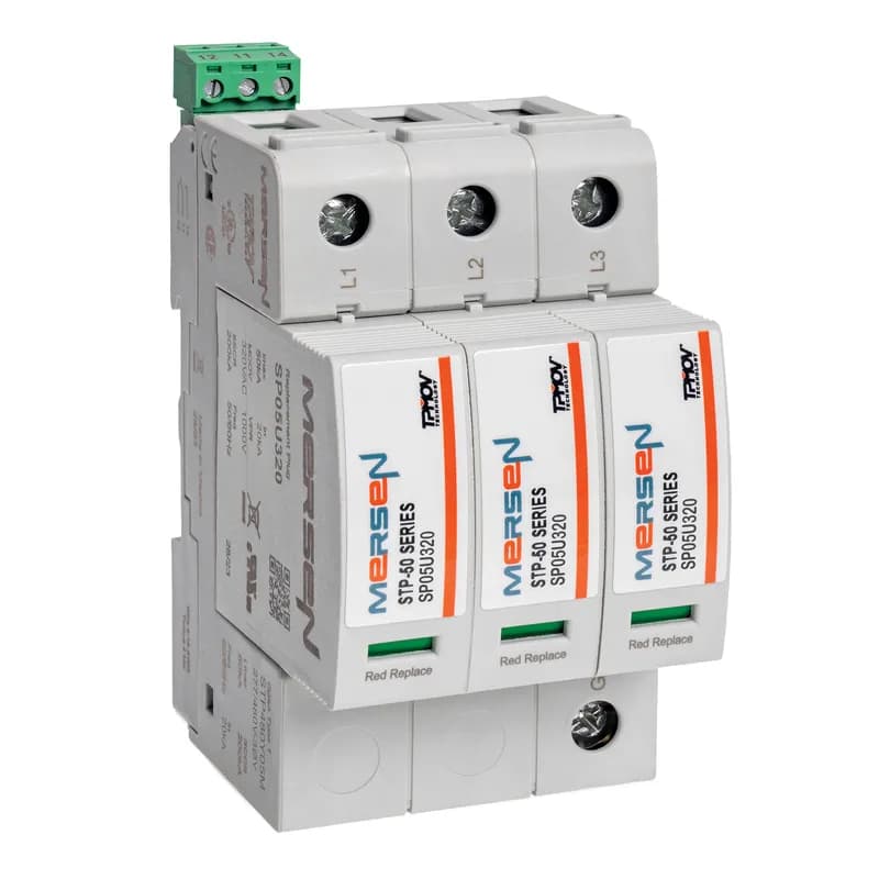 The Mersen Surge-Trap Pluggable STP Series Surge Protective Device (SPD), SKU STP480Y05M, is a no-fuse, failsafe surge suppressor designed for industrial control panels. It features Mersen’s TPMOV® technology, eliminating the need for additional overcurrent protection. This DIN-rail mountable SPD offers a fail-safe self-protected design with a visual indicator and a compact footprint. A remote indicator is available to signal status to critical control circuitry. Its high short circuit current rating makes it suitable for a wide range of industrial applications. Manufactured in the US.