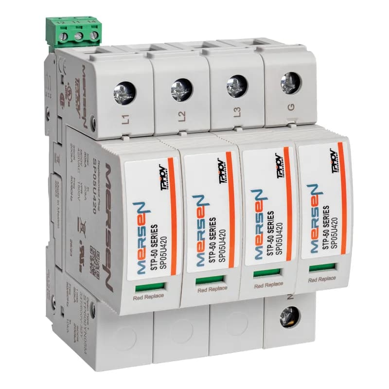 Mersen STP600YN05M - The Mersen Surge-Trap Pluggable STP Series STP600YN05M is a DIN-rail mountable Surge Protective Device (SPD). This unit features Mersen's TPMOV® technology, providing a failsafe, no-fuse design that eliminates the need for additional overcurrent protection. Its self-protected design includes a visual indicator for status monitoring. A remote indicator option is available for integration with critical control circuitry. The STP600YN05M boasts a high short circuit current rating, making it suitable for a wide range of industrial control panel applications. SKU: STP600YN05M.