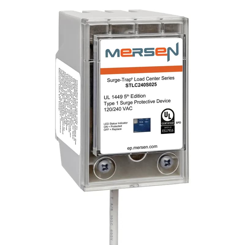Mersen STLC240S025 - The Mersen Surge-Trap® STLC240S025 is a Type 1 surge protective device (SPD) designed to safeguard entire residential dwellings from damaging power surges. Engineered with Mersen's proprietary TPMOV® technology, this device ensures superior safety and reliability. Its 240 VAC voltage rating makes it suitable for standard residential electrical systems. The STLC series is uniquely designed for quick installation, fitting into a variety of load centers from multiple manufacturers, simplifying integration into existing electrical panels. This model meets the latest NEC requirements for residential surge protection and is UL 1449 5th Edition listed, providing certified protection. The STLC240S025 offers a critical layer of defense, protecting sensitive electronics and appliances from transient voltage events. Its load center installation mounting type ensures a secure and integrated solution. Mersen's commitment to safety and performance is evident in the STLC series, making it a reliable choice for whole-home surge protection.