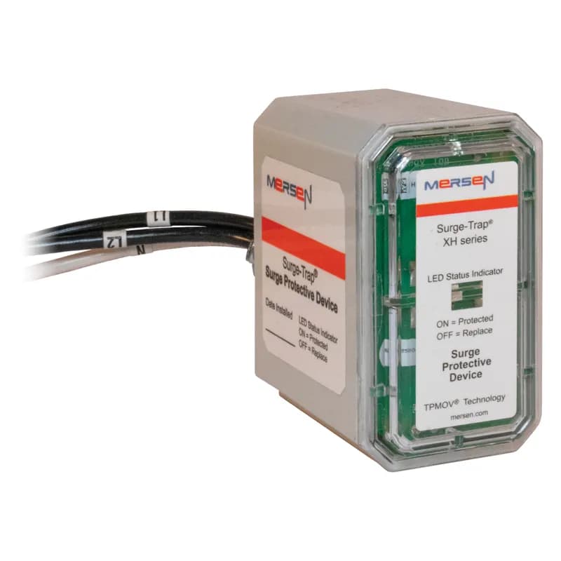 Mersen STXH120P05N - The Mersen Surge-Trap® STXH120P05N is a Type 1 Surge Protective Device (SPD) designed for 120V single-phase split-phase applications. It features TPMOV® technology for enhanced safety and reliability. This compact SPD is UL1449 5th Edition compliant and offers a nominal discharge current (In) of 20kA with a short circuit current rating (SCCR) of 200kA. Its voltage protection rating (VPR) is 600V L-N. The STXH120P05N is ideal for direct attachment to air conditioning disconnect switches and HVAC systems, providing essential protection against voltage transients. It includes a visual status indicator (LED) and a 1/2"-14 threaded mounting hub for easy installation. Operating temperature range is -40°F to +185°F (-40°C to +85°C).
