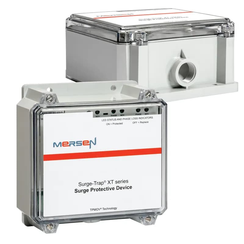 The Mersen STXT480S20 is a Type 1 Surge-Trap (SKU: STXT480S20) featuring built-in EMI/RFI filtering and LED indication on each phase. It includes optional remote indication and delivers surge capacities up to 200kA. The unit uses Mersen’s TPMOV® technology for enhanced safety and does not require additional overcurrent protection. Designed for installation flexibility, it can be mounted on the line or load side, making it suitable for service entrance, distribution, and branch panels. Made in the US.