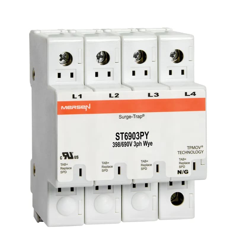 Mersen ST6903PY - The Mersen Surge-Trap® Monobloc Surge Protective Device (SPD), SKU ST6903PY, is a cost-effective, fail-safe surge suppressor. It integrates Mersen’s TPMOV® technology, eliminating the need for additional overcurrent protection. This device is UL 1449 5th Edition approved and features a DIN-rail mountable design with a visual indicator and a compact footprint. A remote indicator option is available for local or remote status monitoring. Its high short circuit current rating makes it suitable for integration into most industrial control panels.