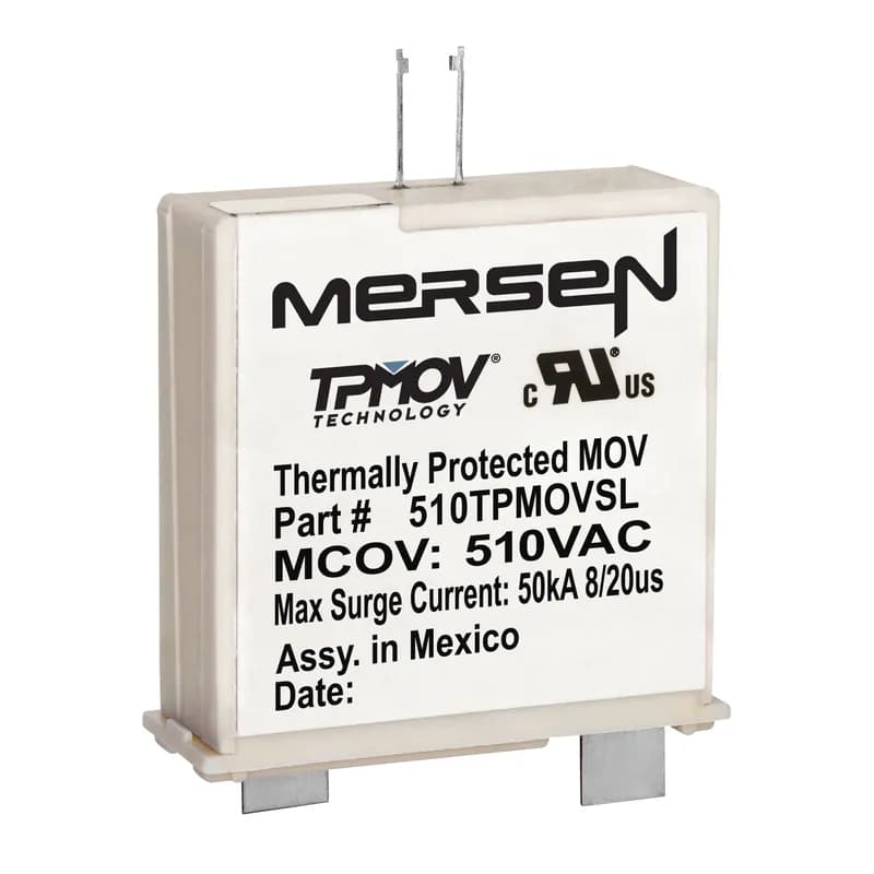 Mersen 510TPMOVSL - Mersen’s 510TPMOVSL TPMOV7 surge suppression component delivers 50% more surge capacity than standard MOVs in the same footprint, rated at 75kA (8/20μs) peak surge current. Designed for maximum continuous operating voltages (MCOV) from 150V to 320VAC, this fail-safe device eliminates common field failure modes associated with standard metal oxide varistors. Internally, it combines a voltage clamping device with a disconnecting apparatus that monitors the metal oxide disk, ensuring secure disconnection during overvoltage events via an arc shield. Upon failure, the 510TPMOVSL provides dual failure indicators: a visual pin indicator for on-site inspection and a normally open micro-switch for remote monitoring. This thermally protected MOV (TPMOV) series maintains a consistent footprint compatible with 25–40mm MOVs, making it a direct replacement option for existing systems. The device operates reliably across a temperature range of -40°C to +85°C, ensuring consistent performance in harsh industrial environments. Ideal for protecting sensitive electronics, power distribution systems, and industrial machinery from transient voltage spikes.