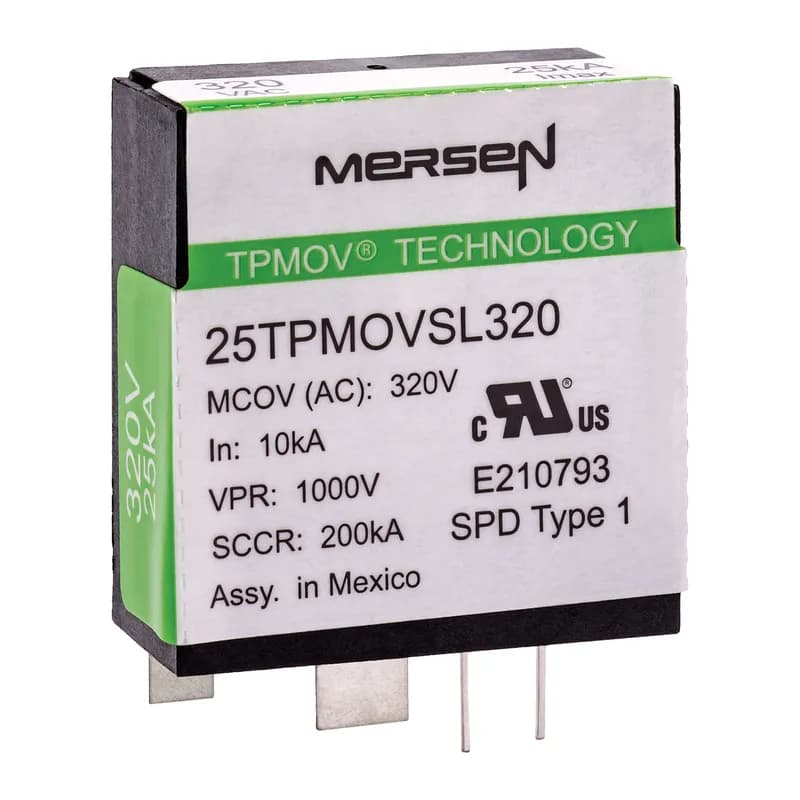 Mersen 25TPMOVSL320 TPMOV surge suppressor, SKU 25TPMOVSL320, uses patented TPMOV tech with fail-safe disconnect. Features visual pin indicator and NO micro-switch for remote failure alert. Specs: 25kA (8/20μs) impulse, 200kA SCCR, 320VAC MCOV, 1000V VPR. UL 94 V-0 rated, -40°C to +85°C operation. PCB-mount with short leads, ANSI/UL 1449 4th Ed. Type 1 SPD compliant.