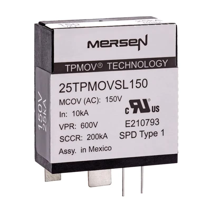 Mersen 25TPMOVSL150 - The Mersen 25TPMOVSL150 is a Thermally Protected Metal Oxide Varistor (TPMOV) surge suppression component designed for robust protection. Utilizing Mersen's patented TPMOV technology, it addresses common failure modes found in standard MOVs, offering a fail-safe operation. Each unit integrates a voltage clamping device and a monitoring apparatus for the metal oxide disc. Upon failure, it provides a visual pin indicator and an optional normally open micro-switch for remote status indication. This model is rated for a 25kA (8/20μs) peak surge current and a maximum continuous operating voltage (MCOV) of 150VAC. It features a 200kA SCCR and a response time of less than 1 nanosecond. The 25TPMOV series is available in a standard 25mm MOV footprint and is UL 1449 4th Edition, Type 1 SPD compliant. Operating temperature range is -40°C to +85°C. SKU: 25TPMOVSL150.