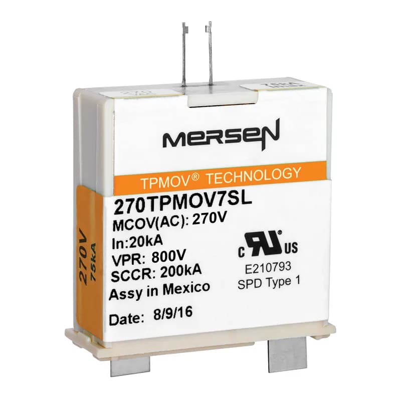 Mersen 270TPMOV7SL - Mersen’s TPMOV7SL (SKU 270TPMOV7SL) is a thermally protected metal oxide varistor (MOV) surge suppressor designed for industrial applications. This 75kA-rated device operates at 270VAC maximum continuous operating voltage (MCOV) and shares the same footprint as standard 25–40mm MOVs, enabling easy upgrades without redesign. The patented TPMOV technology includes a built-in disconnect mechanism that isolates failed components via an arc shield, preventing system damage. A visual pin indicator and normally open microswitch provide remote failure notification. ANSI/UL 1449 4th Edition Type 1 SPD compliant and RoHS-compliant. No additional overcurrent protection required.