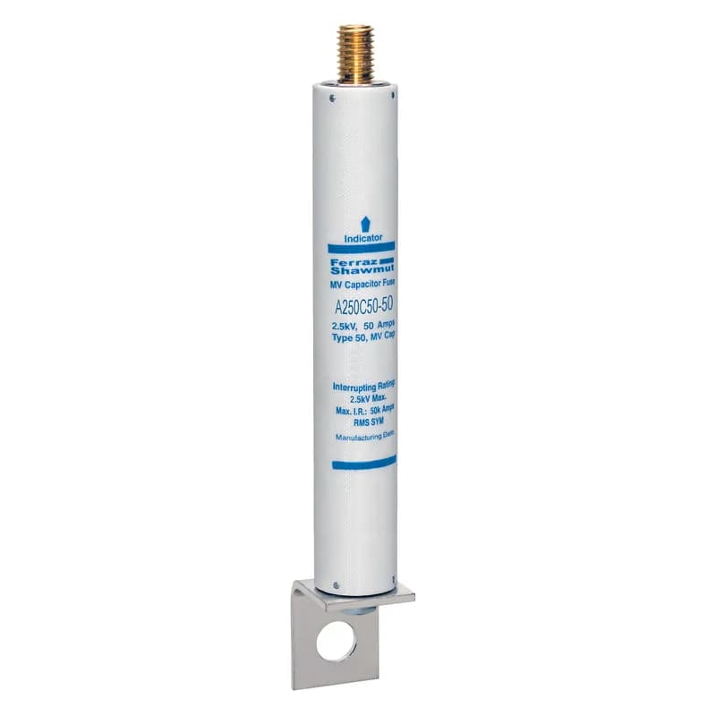 Mersen A250C50-50 - Medium Voltage Capacitor Fuse 2500VAC 50A Male Stud To L Bracket Visual Indicator Amp-Trap®