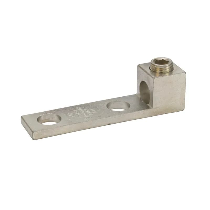 1 Port Panelboard Lug 250 MCM - 6 AWG Panelboard style for multi-conductor with NEMA mounting hole spacing for turn prevent and secureness. Made of 6061T-6 aluminum alloy. Electro-tin plated for low contact resistance. For use with copper or aluminum conductors. Rated 600 volts (2000V max per UL486B). UL 486A/B Listed. Temperature rating 90 degrees C. All hole spacing is NEMA standard of 1.750".