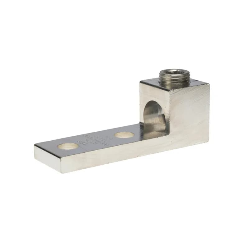 1 Port Panelboard Lug 800 MCM - 350 MCM Panelboard style for multi-conductor with NEMA mounting hole spacing for turn prevent and secureness. Made of 6061T-6 aluminum alloy. Electro-tin plated for low contact resistance. For use with copper or aluminum conductors. Rated 600 volts (2000V max per UL486B). UL 486A/B Listed. Temperature rating 90 degrees C. All hole spacing is NEMA standard of 1.750".