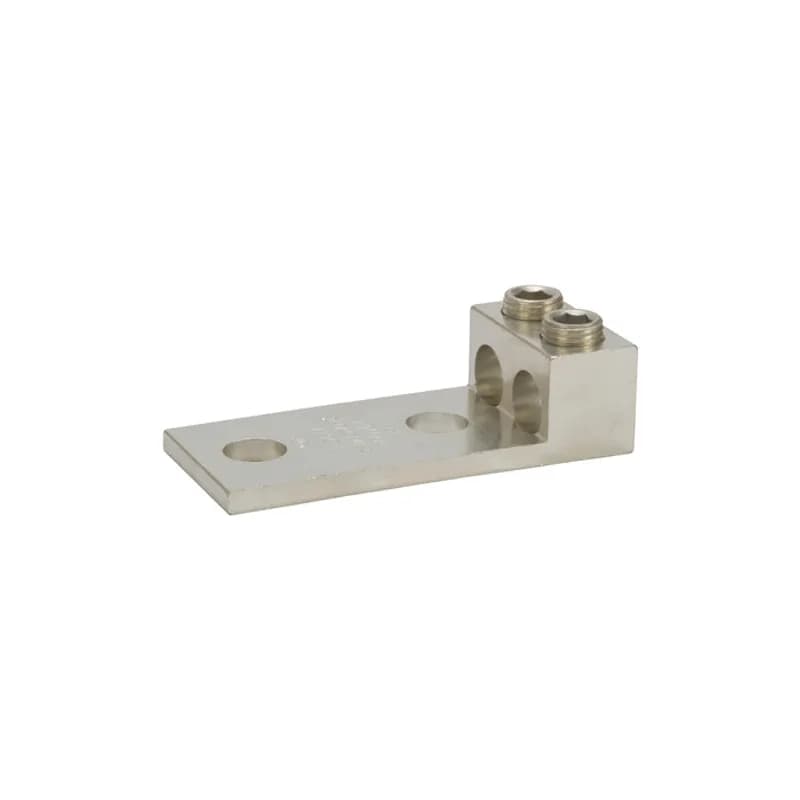 2 Port Panelboard Lug 250 MCM - 6 AWG Panelboard style for multi-conductor with NEMA mounting hole spacing for turn prevent and secureness. Made of 6061T-6 aluminum alloy. Electro-tin plated for low contact resistance. For use with copper or aluminum conductors. Rated 600 volts (2000V max per UL486B). UL 486A/B Listed. Temperature rating 90 degrees C. All hole spacing is NEMA standard of 1.750".