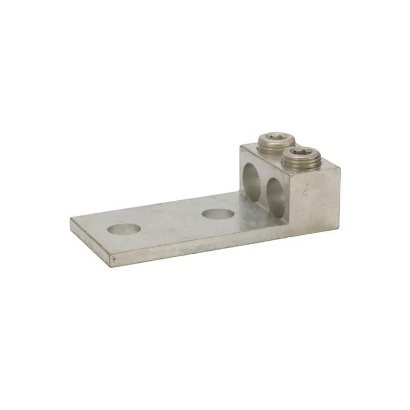 2 Port Panelboard Lug 350 MCM - 6 AWG Panelboard style for multi-conductor with NEMA mounting hole spacing for turn prevent and secureness. Made of 6061T-6 aluminum alloy. Electro-tin plated for low contact resistance. For use with copper or aluminum conductors. Rated 600 volts (2000V max per UL486B). UL 486A/B Listed. Temperature rating 90 degrees C. All hole spacing is NEMA standard of 1.750".