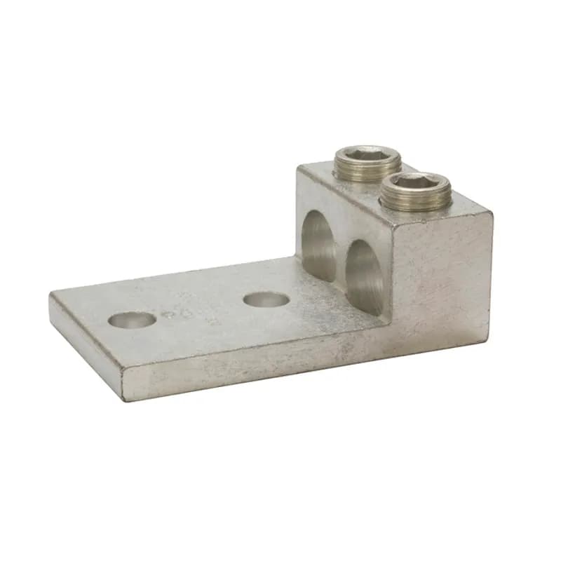 2 Port Panelboard Lug 800 MCM - 350 MCM Panelboard style for multi-conductor with NEMA mounting hole spacing for turn prevent and secureness. Made of 6061T-6 aluminum alloy. Electro-tin plated for low contact resistance. For use with copper or aluminum conductors. Rated 600 volts (2000V max per UL486B). UL 486A/B Listed. Temperature rating 90 degrees C. All hole spacing is NEMA standard of 1.750".
