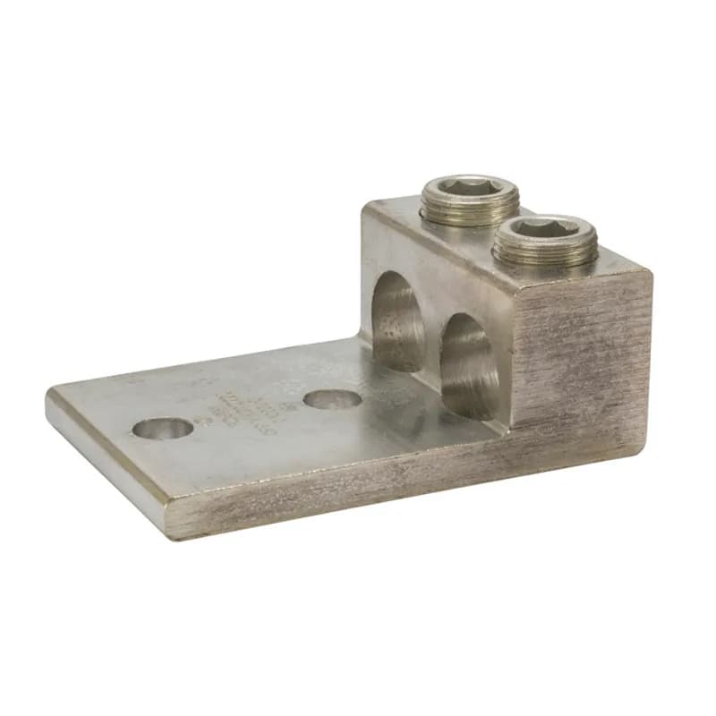 2 Port Panelboard Lug 1000 MCM - 500 MCM Panelboard style for multi-conductor with NEMA mounting hole spacing for turn prevent and secureness. Made of 6061T-6 aluminum alloy. Electro-tin plated for low contact resistance. For use with copper or aluminum conductors. Rated 600 volts (2000V max per UL486B). UL 486A/B Listed. Temperature rating 90 degrees C. All hole spacing is NEMA standard of 1.750".