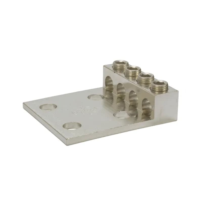 4 Port Panelboard Lug 250 MCM - 6 AWG Large size set screw connectors with multiple mounting holes for a secure, turn-prevent connection. Made of 6061T-6 aluminum alloy. Tin plated for low contact resistance. For use with copper or aluminum conductors. 600V (2000V max, per UL486B). UL 486A/B Listed. Temperature rating 90 degrees C. All hole spacing is NEMA standard of 1.75".