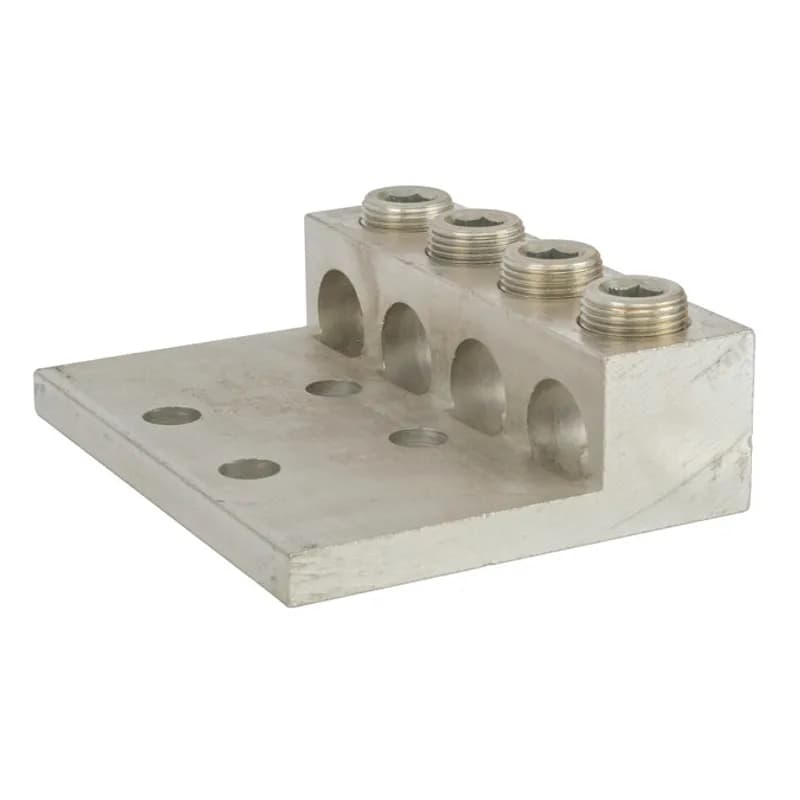 4 Port Panelboard Lug 1000 MCM - 500 MCM Large size set screw connectors with multiple mounting holes for a secure, turn-prevent connection. Made of 6061T-6 aluminum alloy. Tin plated for low contact resistance. For use with copper or aluminum conductors. 600V (2000V max, per UL486B). UL 486A/B Listed. Temperature rating 90 degrees C. All hole spacing is NEMA standard of 1.75".