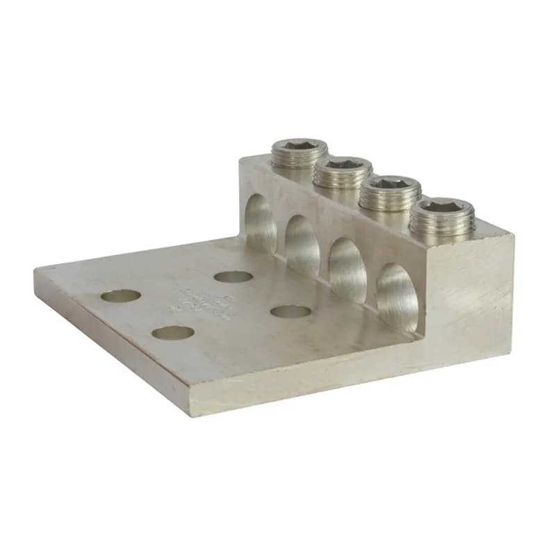 4 Port Panelboard Lug 800 MCM - 350 MCM: Large size set screw connectors with multiple mounting holes for a secure, turn-prevent connection. Made of 6061T-6 aluminum alloy. Tin plated for low contact resistance. For use with copper or aluminum conductors. 600V (2000V max, per UL486B). UL 486A/B Listed. Temperature rating 90 degrees C. All hole spacing is NEMA standard of 1.75".