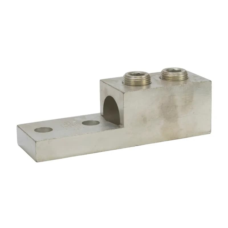 1 Port Double Screw Panelboard Lug 1500 MCM - 1000 MCM Panelboard Lugs are large size set screw connectors with multiple mounting holes for a secure, turn-prevent connection. Made of 6061T-6 aluminum alloy. Tin plated for low contact resistance. Suitable for use with both copper and aluminum conductors. Rated 600 volts. Mounting hole spacing is 1 3/4" from center to center.