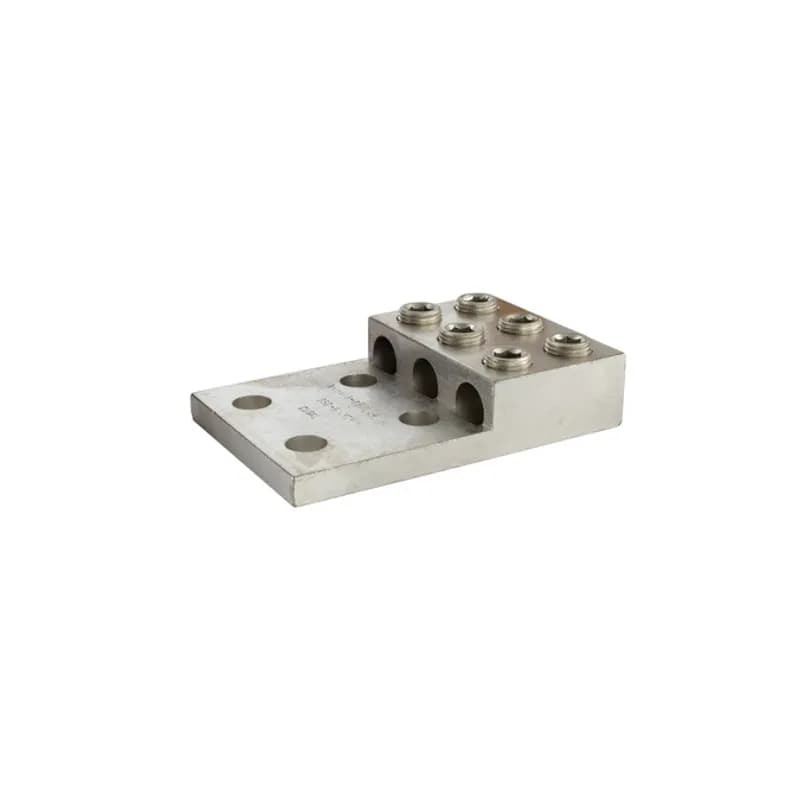 3 Port Panelboard Lug 600 MCM - 2 AWG Large size set screw connectors with multiple mounting holes for a secure, turn-prevent connection. Made of 6061T-6 aluminum alloy. Tin plated for low contact resistance. For use with copper or aluminum conductors. 600V (2000V max, per UL486B). UL 486A/B Listed. Temperature rating 90 degrees C. All hole spacing is NEMA standard of 1.75".