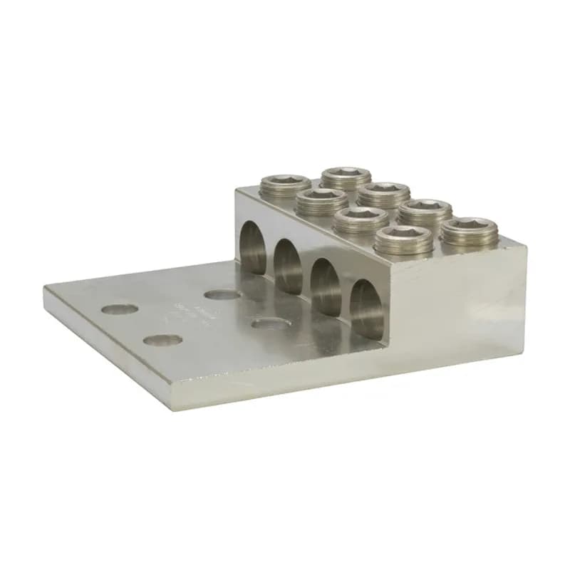 4 Port Double Set Screw Panelboard Lug 800 MCM - 350 MCM Large size set screw connectors with multiple mounting holes for a secure, turn-prevent connection. Made of 6061T-6 aluminum alloy. Tin plated for low contact resistance. For use with copper or aluminum conductors. 600V (2000V max, per UL486B). UL 486A/B Listed. Temperature rating 90 degrees C. All hole spacing is NEMA standard of 1.75".
