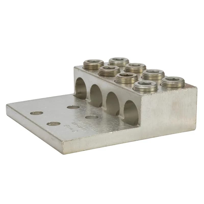 NSI Industries 4-1000LL4 - 4 Port Double Set Screw Panelboard Lug 1000 MCM - 500 MCM Large size set screw connectors with multiple mounting holes for a secure, turn-prevent connection. Made of 6061T-6 aluminum alloy. Tin plated for low contact resistance. For use with copper or aluminum conductors. 600V (2000V max, per UL486B). UL 486A/B Listed. Temperature rating 90 degrees C. All hole spacing is NEMA standard of 1.75".