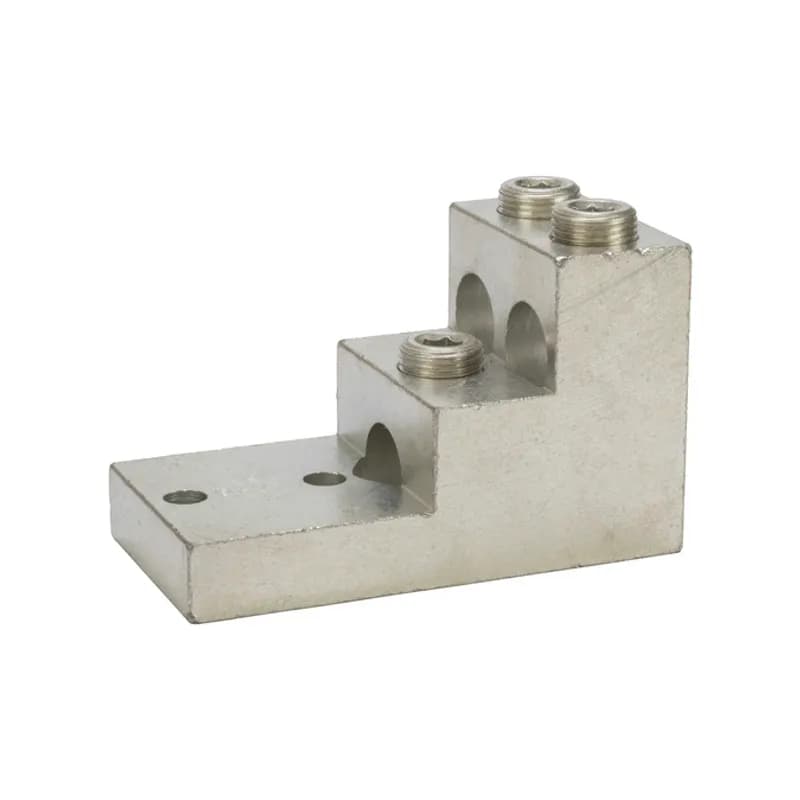 3 Port Stacked Lug 600 MCM - 2 AWG Stacked Lugs are large size set screw connectors with wire holes stacked on top of each other to minimize the width of the connector. Made of 6061T-6 aluminum alloy. Tin plated for low contact resistance. Suitable for use with both copper and aluminum conductors. Rated 600 volts (2000V max. per UL486B). UL486A/B Listed. Temperature rating 90 degrees C. Mounting hole spacing is NEMA standard of 1.75".