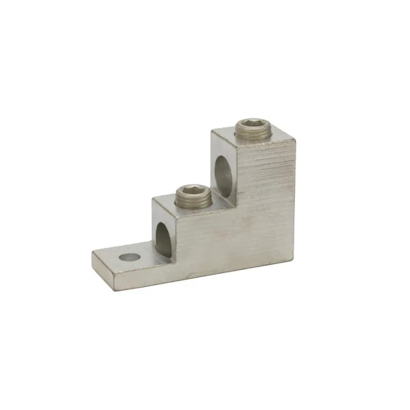 2 Port Stacked Lug 300 MCM - 6 AWG Stacked Lugs are large size set screw connectors with wire holes stacked on top of each other to minimize the width of the connector. Made of 6061T-6 aluminum alloy. Tin plated for low contact resistance. Suitable for use with both copper and aluminum conductors. Rated 600 volts (2000V max. per UL486B). UL486A/B Listed. Temperature rating 90 degrees C. Mounting hole spacing is NEMA standard of 1.75".