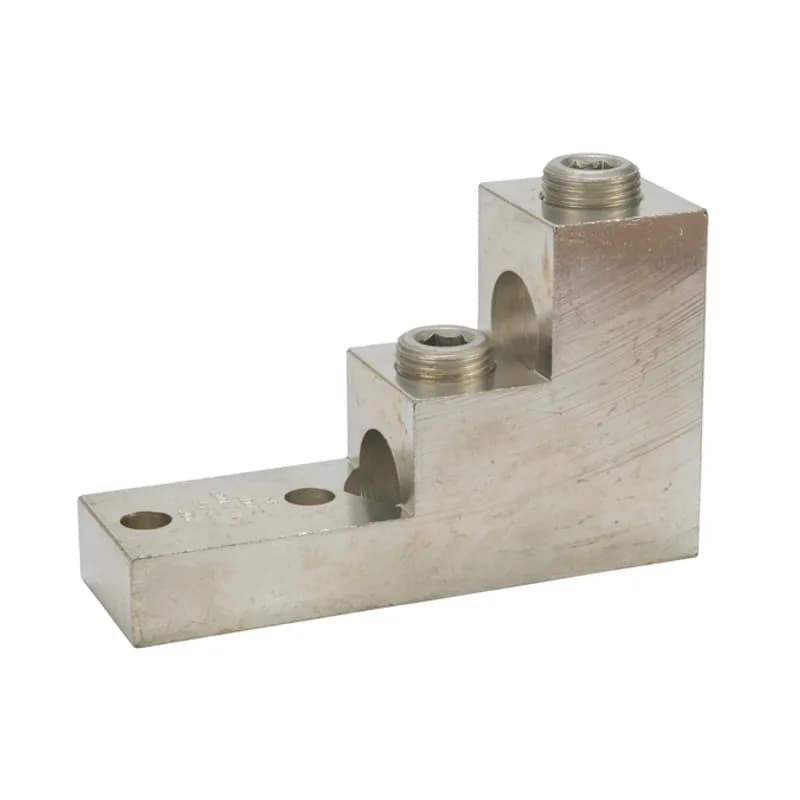 2 Port Stacked Lug 600 MCM - 2 AWG Stacked Lugs are large size set screw connectors with wire holes stacked on top of each other to minimize the width of the connector. Made of 6061T-6 aluminum alloy. Tin plated for low contact resistance. Suitable for use with both copper and aluminum conductors. Rated 600 volts (2000V max. per UL486B). UL486A/B Listed. Temperature rating 90 degrees C. Mounting hole spacing is NEMA standard of 1.75".
