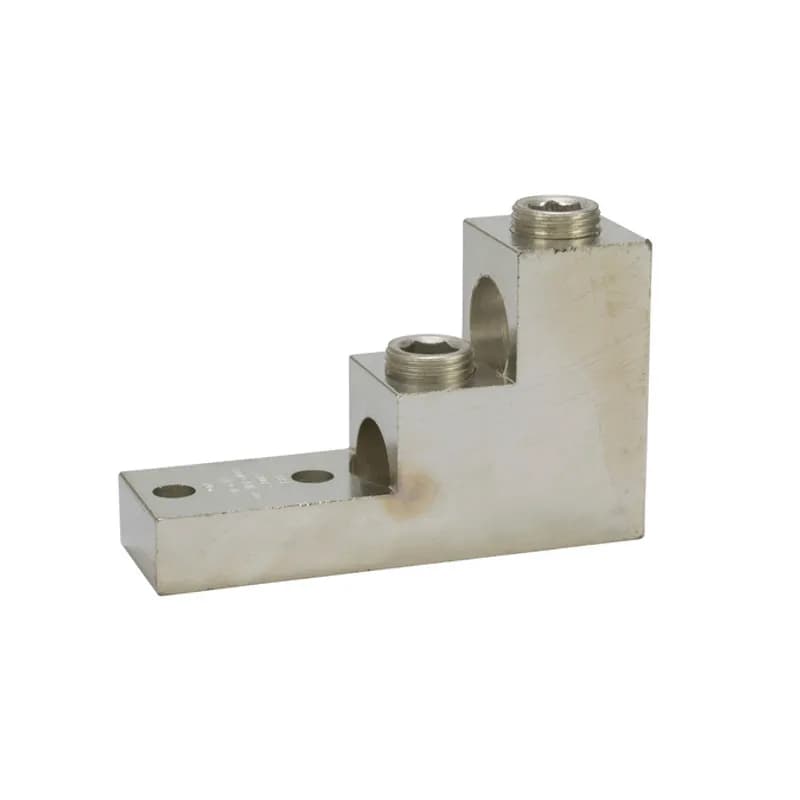 2 Port Stacked Lug 800 - 300 MCM Stacked Lugs are large size set screw connectors with wire holes stacked on top of each other to minimize the width of the connector. Made of 6061T-6 aluminum alloy. Tin plated for low contact resistance. Suitable for use with both copper and aluminum conductors. Rated 600 volts (2000V max. per UL486B). UL486A/B Listed. Temperature rating 90 degrees C. Mounting hole spacing is NEMA standard of 1.75".