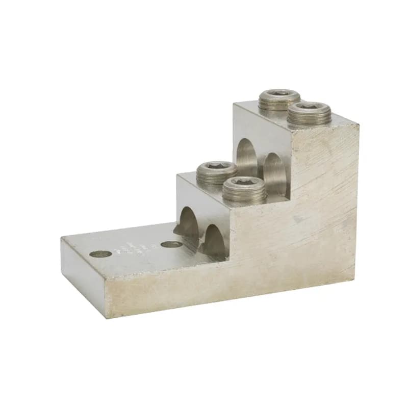 NSI Industries 600T-4 - 4 Port Stacked Lug 600 MCM - 2 AWG Stacked Lugs are large size set screw connectors with wire holes stacked on top of each other to minimize the width of the connector. Made of 6061T-6 aluminum alloy. Tin plated for low contact resistance. Suitable for use with both copper and aluminum conductors. Rated 600 volts (2000V max. per UL486B). UL486A/B Listed. Temperature rating 90 degrees C. Mounting hole spacing is NEMA standard of 1.75".