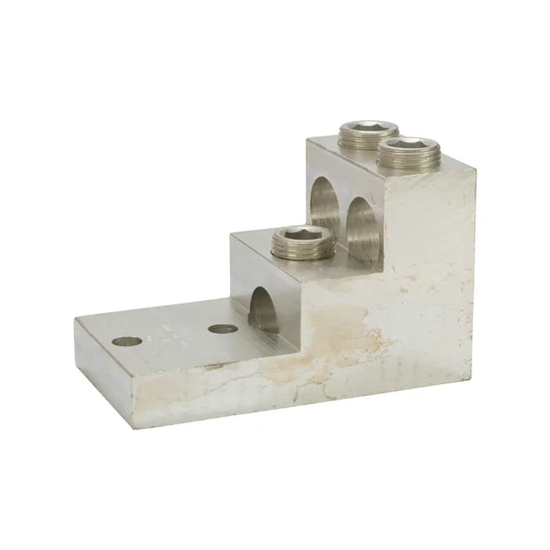 3 Port Stacked Lug 800 - 300 MCM Stacked Lugs are large size set screw connectors with wire holes stacked on top of each other to minimize the width of the connector. Made of 6061T-6 aluminum alloy. Tin plated for low contact resistance. Suitable for use with both copper and aluminum conductors. Rated 600 volts (2000V max. per UL486B). UL486A/B Listed. Temperature rating 90 degrees C. Mounting hole spacing is NEMA standard of 1.75".