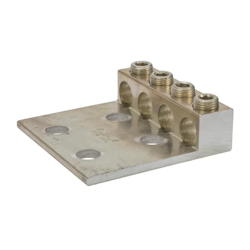 NSI Industries 4-350L4 - 4 Port Panelboard Lug 350 MCM - 6 AWG Large size set screw connectors with multiple mounting holes for a secure, turn-prevent connection. Made of 6061T-6 aluminum alloy. Tin plated for low contact resistance. For use with copper or aluminum conductors. 600V (2000V max, per UL486B). UL 486A/B Listed. Temperature rating 90 degrees C. All hole spacing is NEMA standard of 1.75".